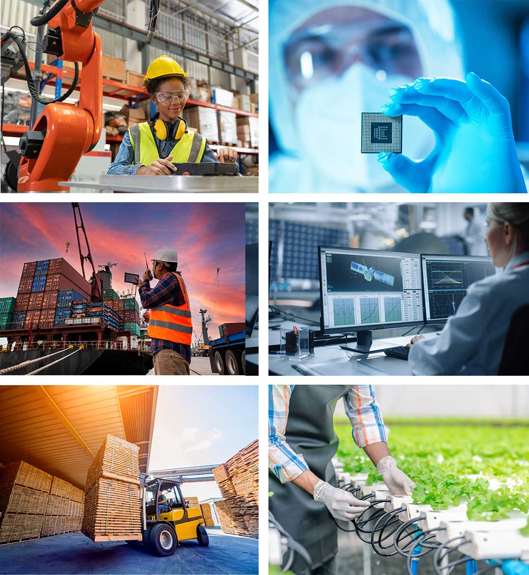 Photos of a variety of different industry types help illustrate the breadth of Camoin Associates' industry analytics and strategy services