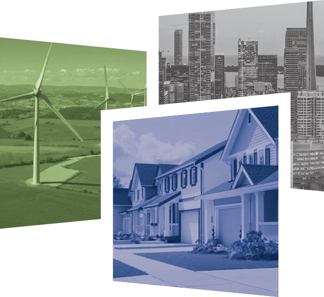 A collage of three images featuring wind turbines, a row of houses, and a cityscape