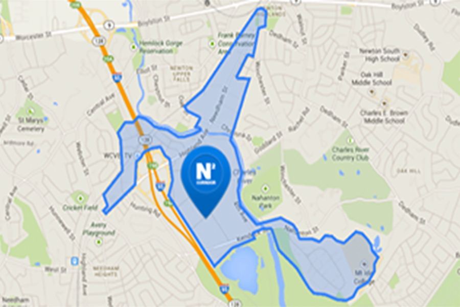 Map showing the N-Squared innovation corridor area in Newton and Needham, Massachusetts