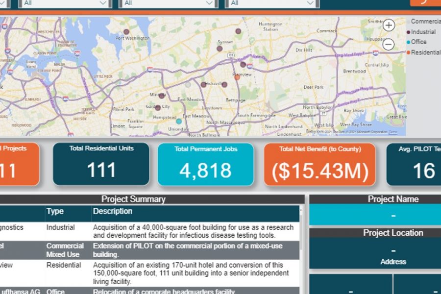 A screenshot of the economic impact data dashboard that Camoin Associates developed for Nassau County IDA shows a map with project locations, infographics sharing key data points, and additional information about the projects on the map