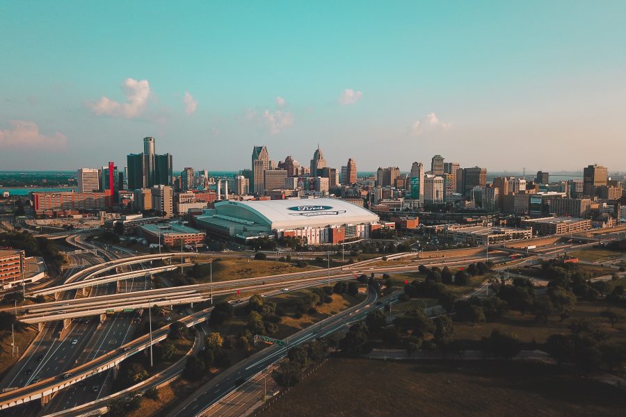 Aerial view of the Detroit, Michigan, skyline on a sunny day