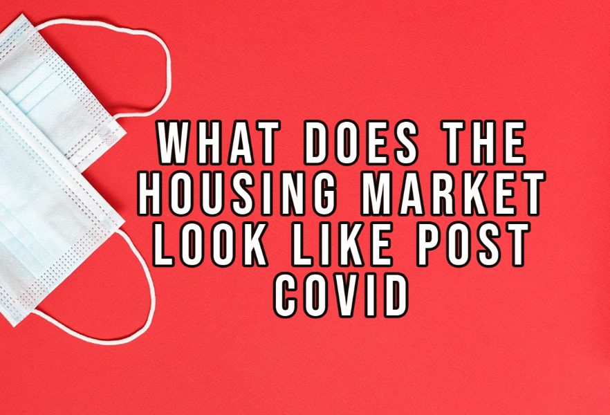 Two white surgical-style face masks on a red background with text that reads 