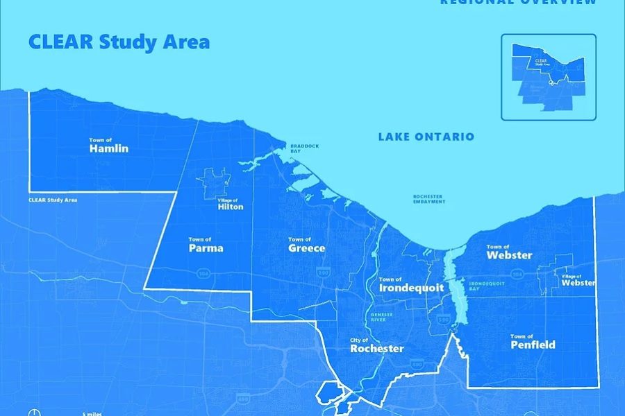 A map of the CLEAR study area shows Lake Ontario and the location of the Towns of Hamlin, Parma, Greece, Rochester, Irondequoit, Webster, and Penfield, and the Villages of Hilton and Webster along its shoreline.