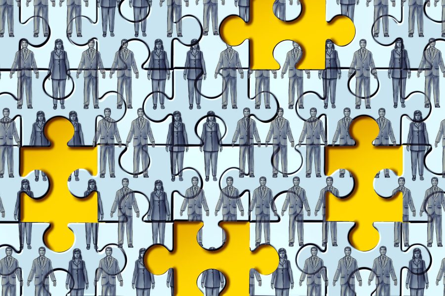 An illustration of a puzzle where the completed image is multiple rows of men and women in business suits and work uniforms but there are several pieces of the puzzle missing