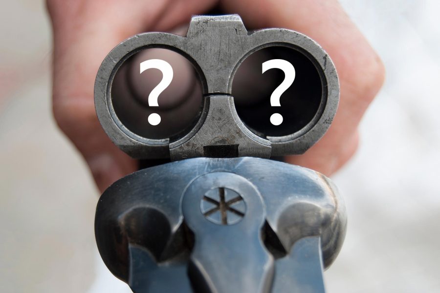 An open shotgun barrel with question marks inside the the two chambers instead of shells