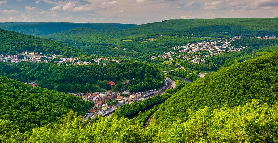 View of the small towns of Lehighton and Weissport from the top of Flagstaff Mountain in Pennsylvania's Lehigh Valley