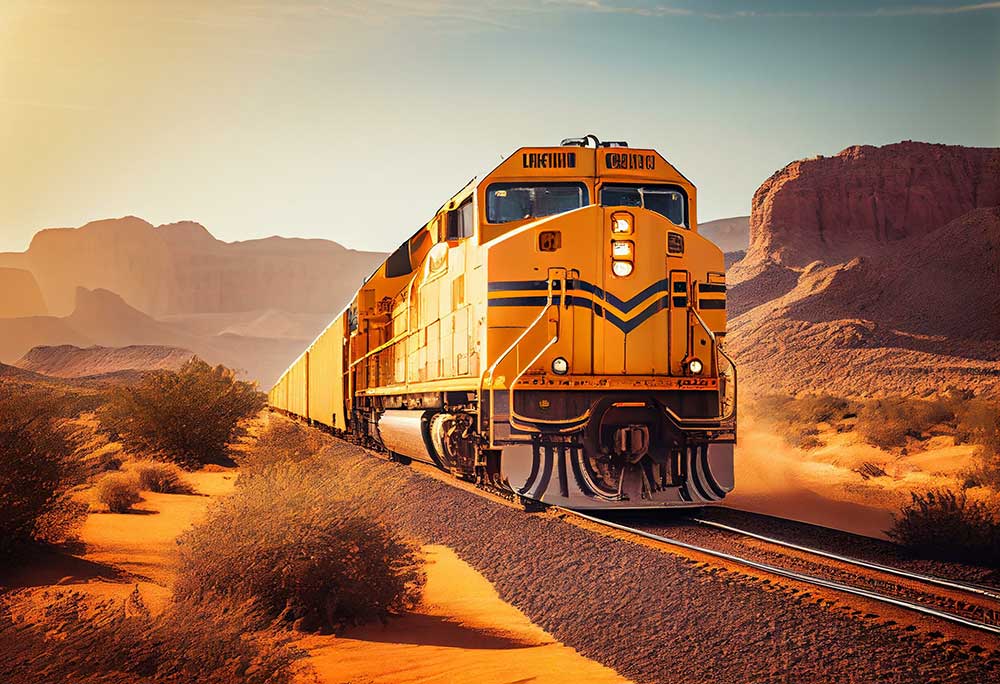 AI illustration of a freight train in the US desert