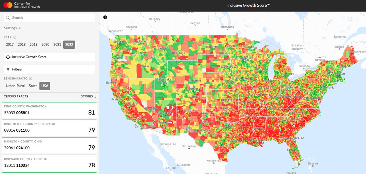 US map image shows Inclusive Growth Scores for all metropolitan areas in 2022