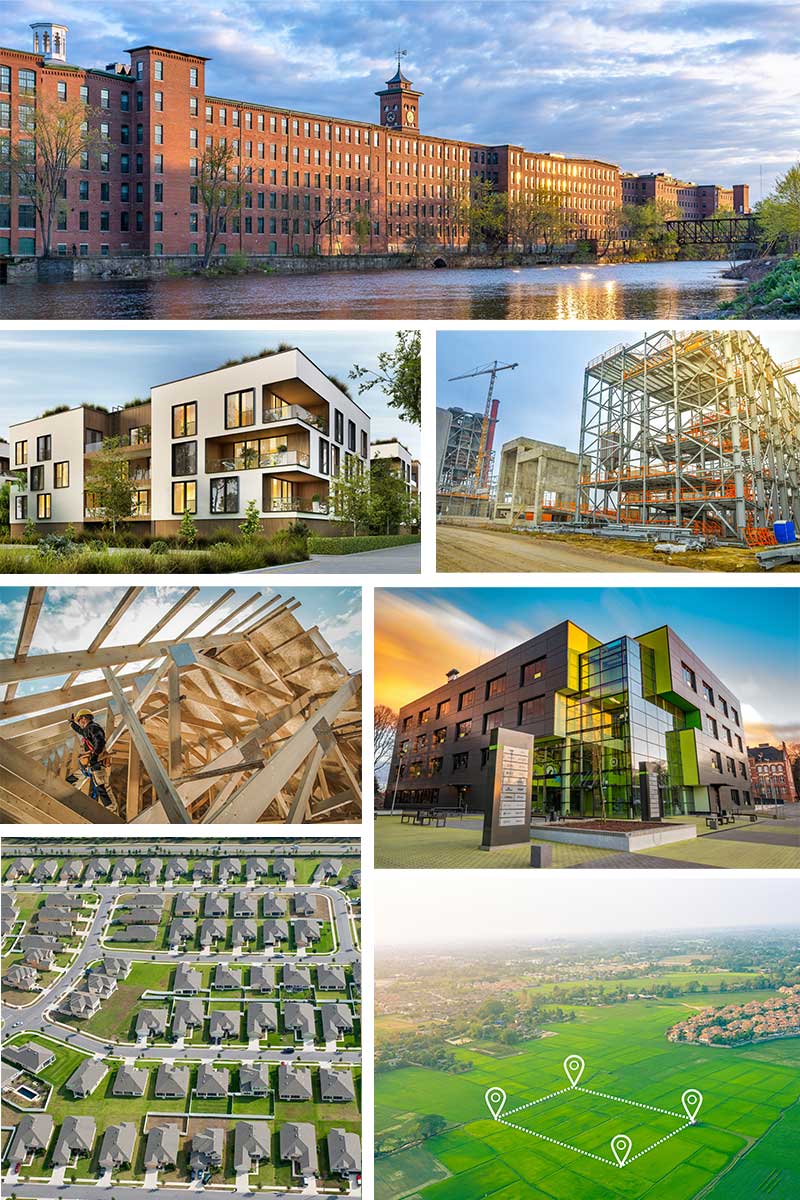 Different types of commercial, residential, and mixed use real estate development projects