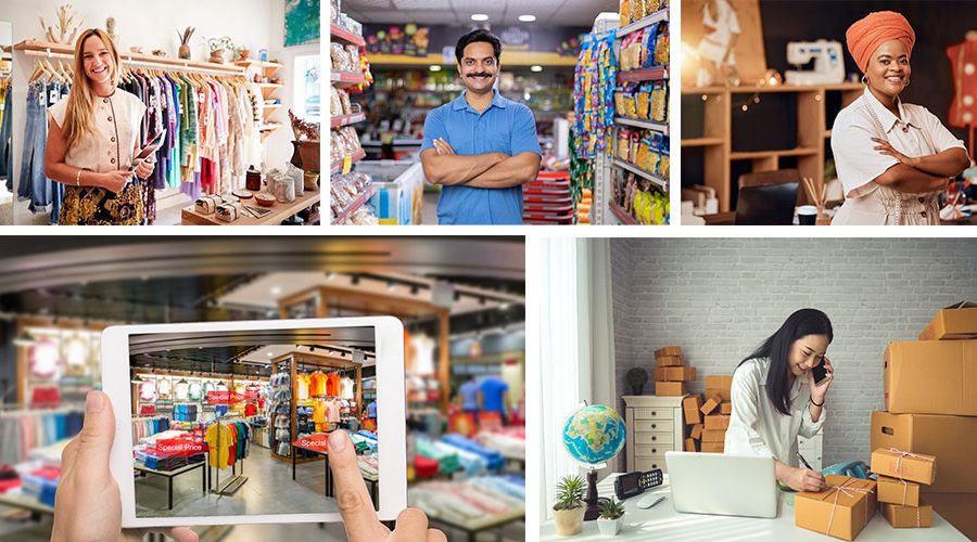 A collage of five photos shows a white female retail clothing store owner in her shop, a Middle Eastern man inside the grocery store he owns, a black woman inside the clothing alteration shop she owns, an Asian woman inside her online retail business run out of her home, and hands holding a tablet computer with an image of the inside of a clothing store on the screen.