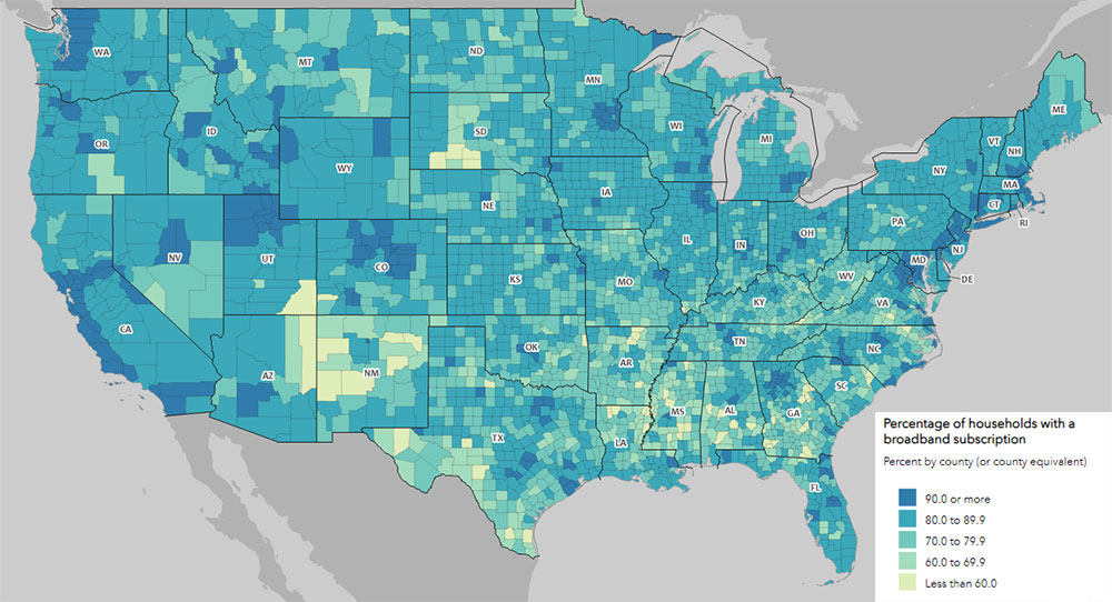 US Census Bureau map shows US communities that are without broadband internet access