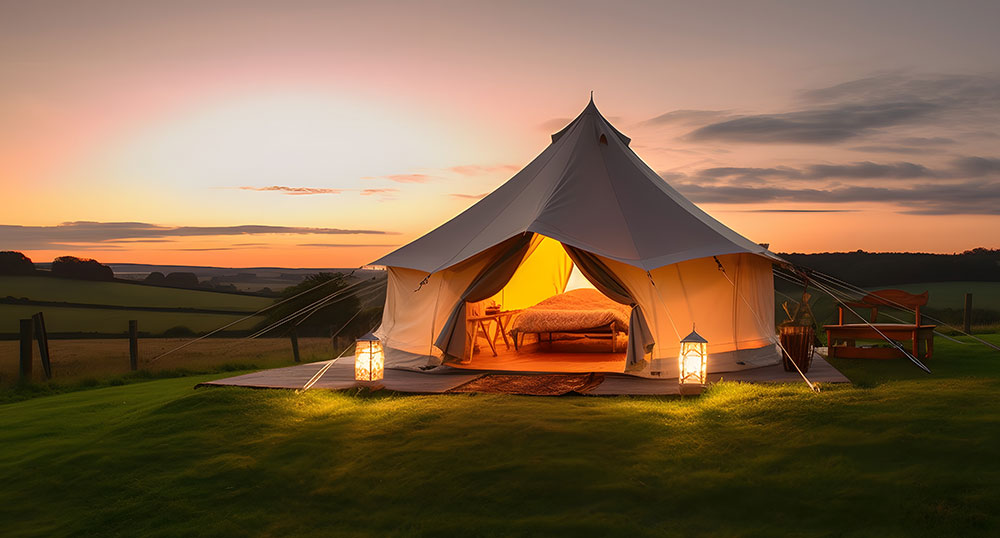 A glamping tent in a beautiful rural setting 