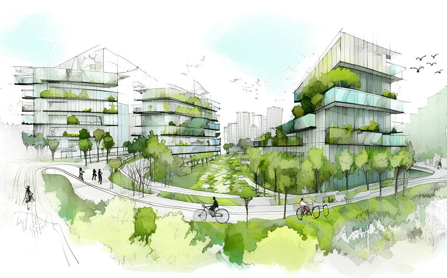 A watercolor artist rendering of multiple attractive, multi-story commercial buildings with winding bicycle and pedestrian paths connecting them, and lots of trees and greenery
