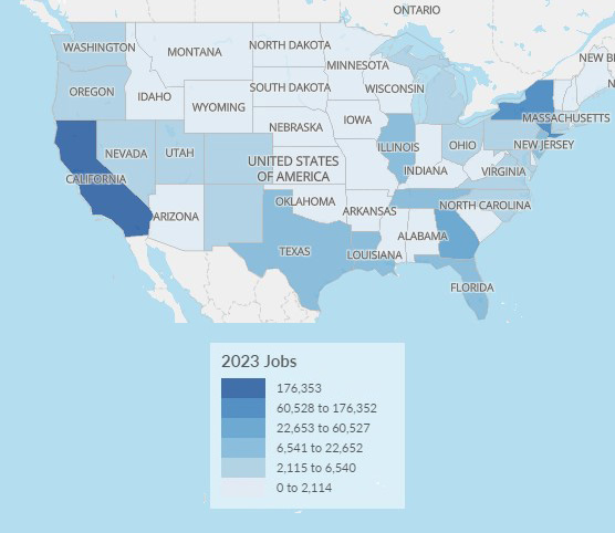 Map showing the number of film and television jobs by state in 2023