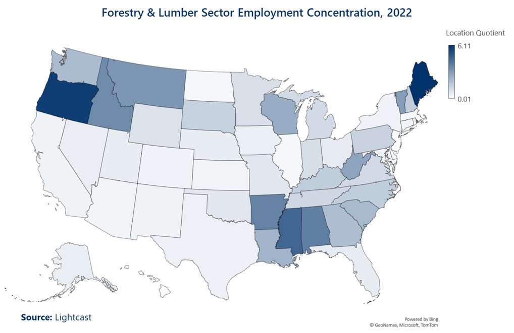 Map showing forestry and lumber sector employment concentration for 2022