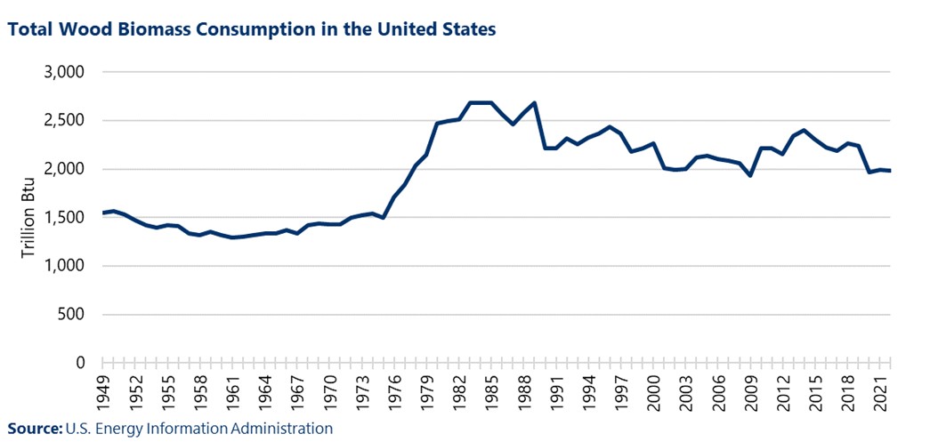 Line chart showing total wood biomass consumption in the United States between 1949 and 2021