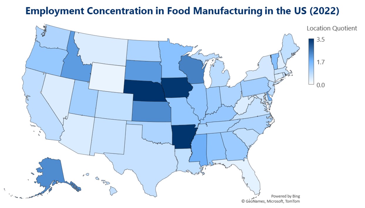 Map showing employment concentration by state in food manufacturing
