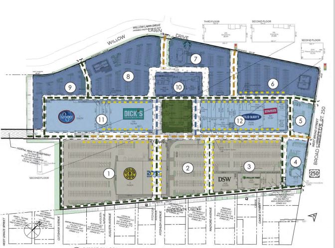 Planning document for Willow Lawn shopping mall showing mixed-use redevelopment