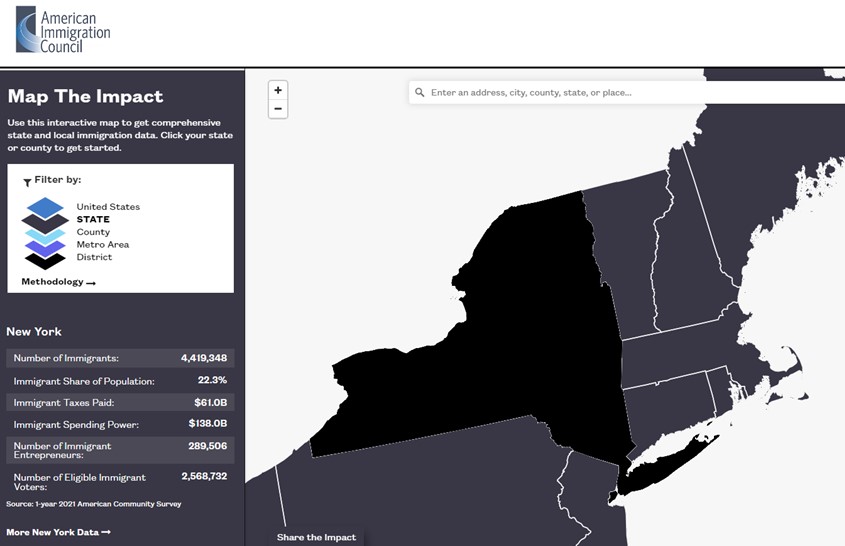 Map the Impact screen shot showing statewide data about immigrants for New York