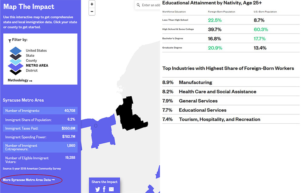 Map the Impact screenshot showing data about immigrants in the City of Syracuse, New York