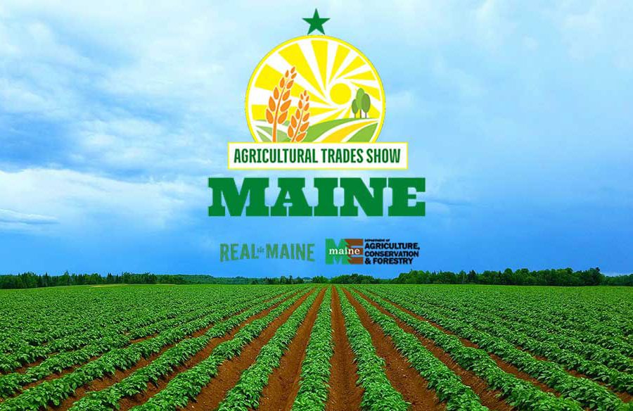 Potato field in Maine with the logo for the Maine Agricultural Trades Show