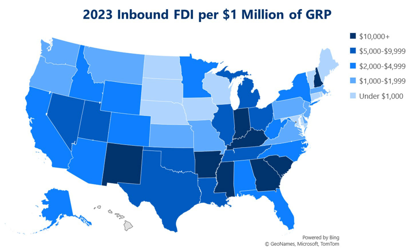 Map shows states' inbound foreign direct investment rates in 2023 per $1 million of GRP