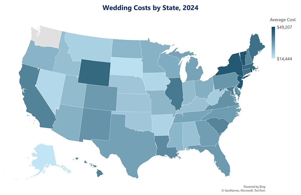 Map showing wedding costs by state in 2024