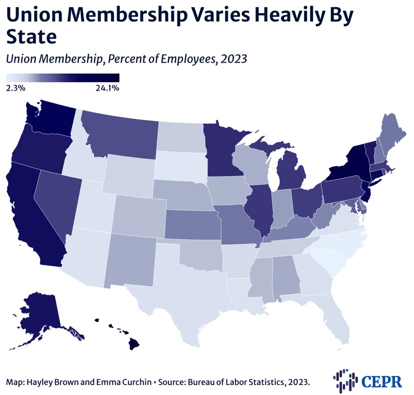Map shows rate of union membership by state from a low of 2.3% in many southern states to a high of 24.1% in states in the West and Northeast