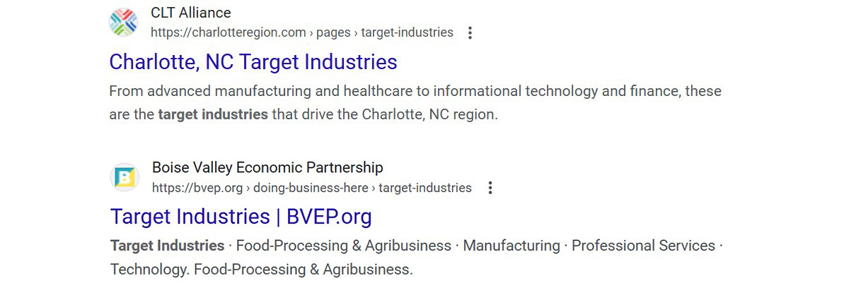 Two examples of how to write meta descriptions for a web page about a community's target industries