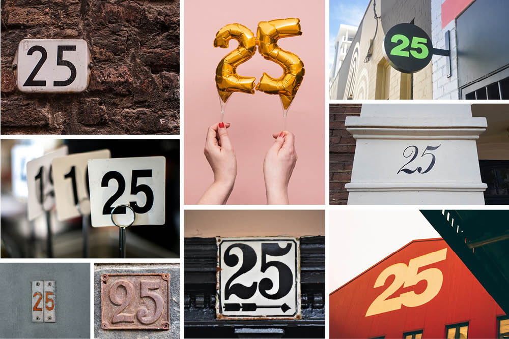 A collage of the number 25 in many different places in celebration of Camoin Associates' 25th anniversary