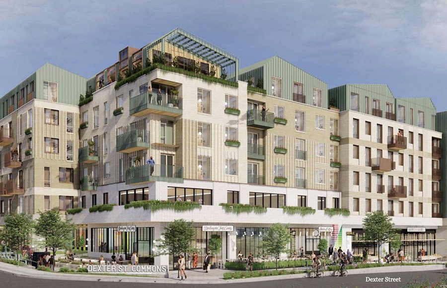 Artist's rendering of the proposed Dexter Street Commons development, a mixed-use project with 150 residential apartments and ground-floor commercial spaces.
