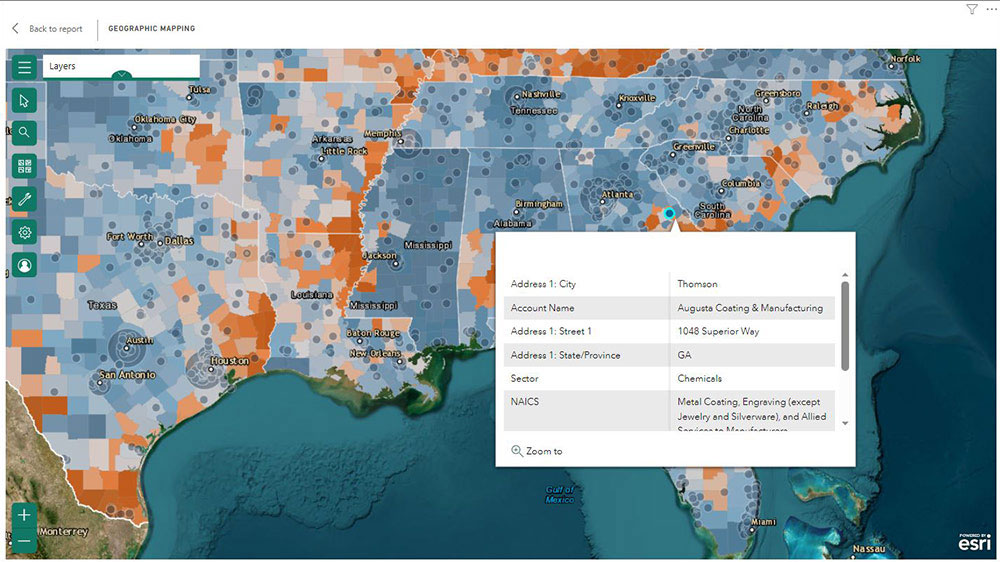 View information about a particular company simply by hovering over or clicking on that company inside the map to see their industry, NAICS code, address, number of employees, revenue, etc. The size of the symbol representing the company is generated based on the size of the company in terms of revenue and number of employees. 