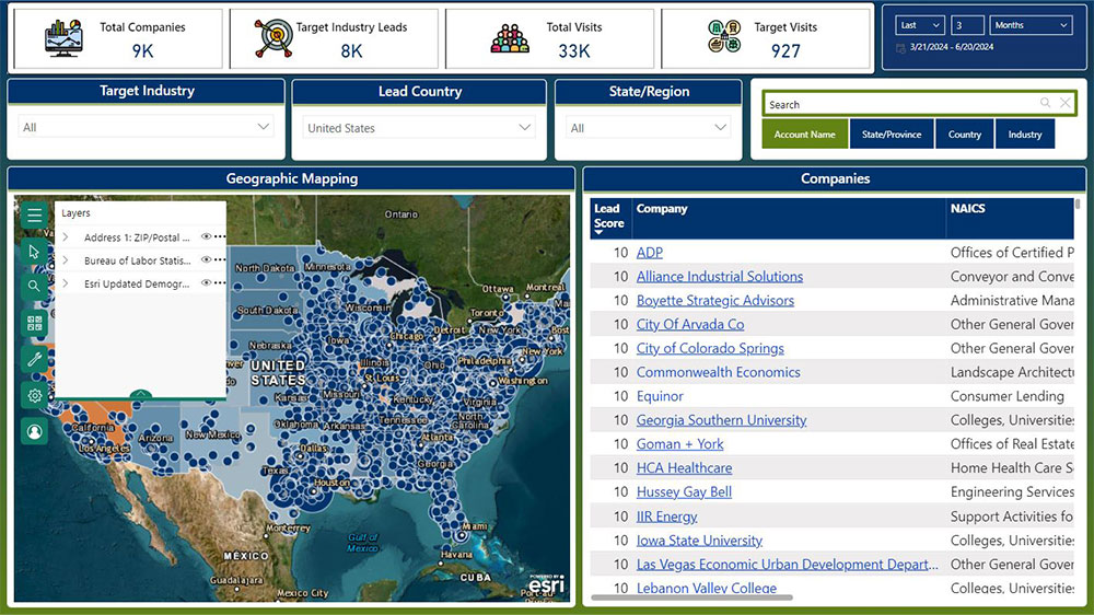 Turn on or off the layers as you please. If you’d like to only view the companies who have visited your site you can turn off the BLS and ESRI layers, or vice versa. You can also turn on other features, such as clustering to customize the map to fit how you want it to look.