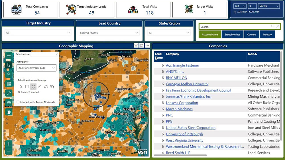 Use the selection tool to select a boundary directly on the map, which will then display the companies located within it.