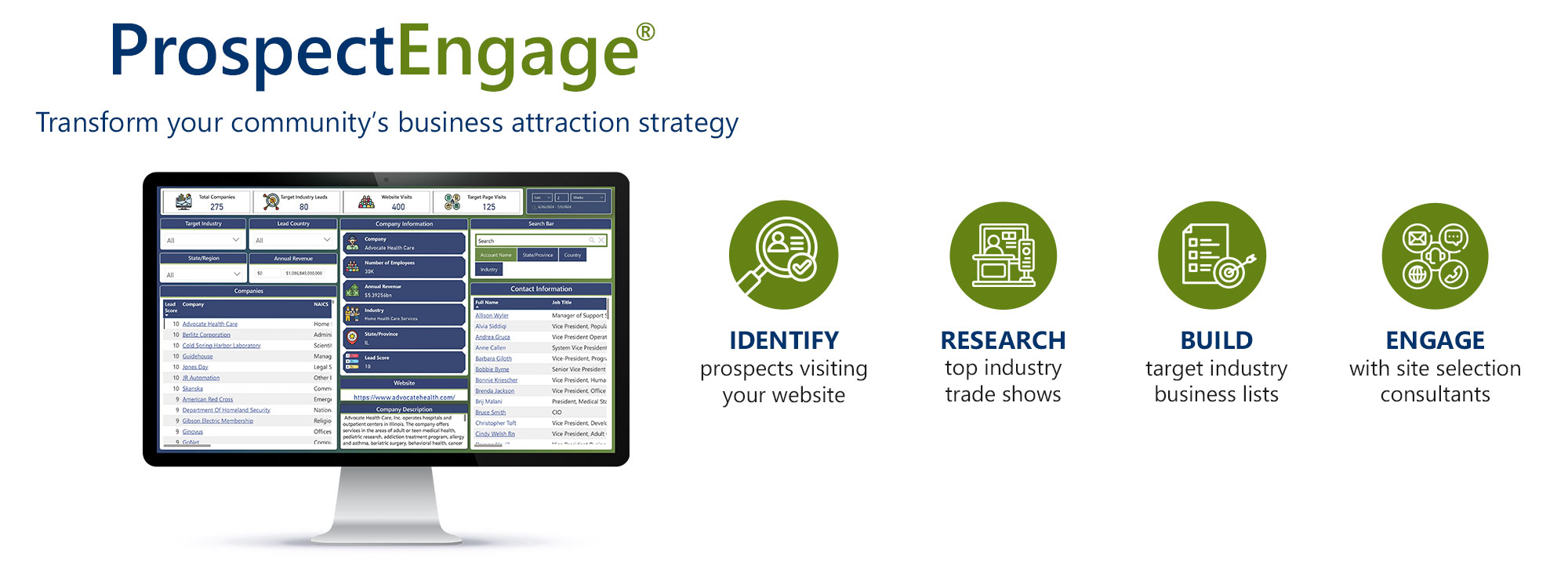 A computer screen shows a typical ProspectEngage landing page with the ProspectEngage logo above it. The text reads: Transform your community's business attraction strategy with ProspectEngage. Identify prospects visiting your website, Research top industry trade shows, build target industry business lists, and engage with site selection consultants.