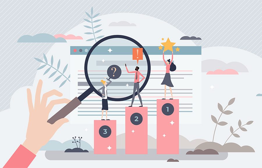 First, second, and third place winners stand on three gradually lower pedestals in front of an online list of state business rankings. The first-place winner is celebratory, the second-place winner is surprised, and the third-place winner is confused. A hand holding a magnifying glass examines it all.