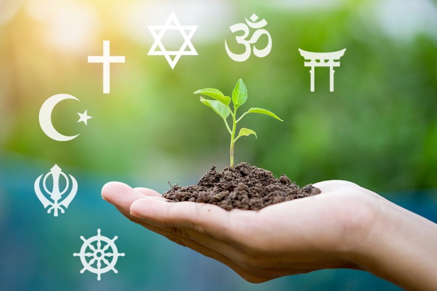 A hand holding a green sprout, representing economic growth, is surrounded by the symbols of Christianity, Judaism, Islam, Buddhism, Hinduism, Sikhism, and Shinto