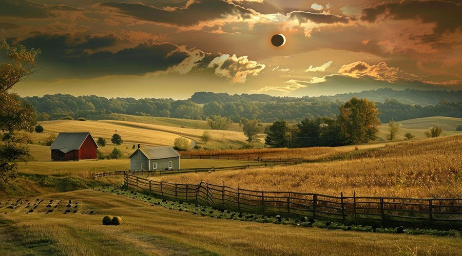 An AI-generated image of a solar eclipse at a farm illustrates agriexperiences.