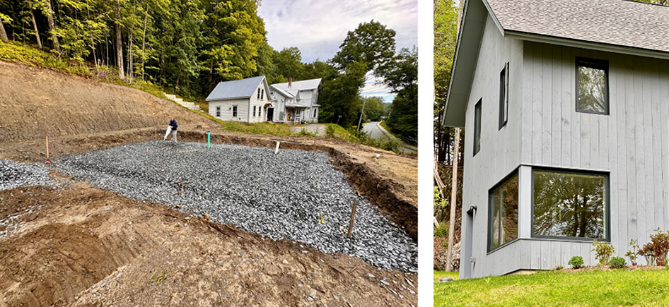 Prepping Jonah's site for construction of a missing middle home, and a photo of energy-efficient home that served as the blueprint for it.