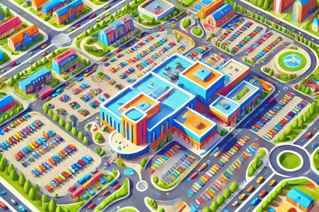 An AI-generated images shows a large shopping center or retailer store with parking lots and residential areas surrounding it.