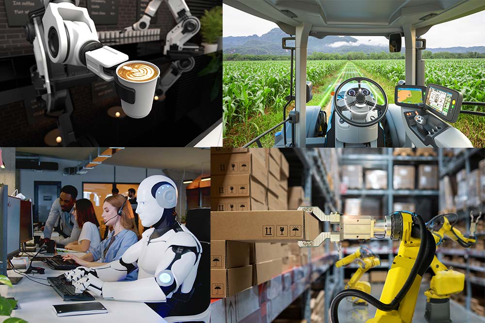 A collage of AI-generated images shows robots serving coffee, operating farm equipment, working in customer service, and in a warehouse.