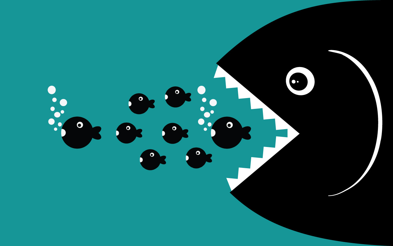 Business monopolies are represented by one large fish eating eight smaller fish