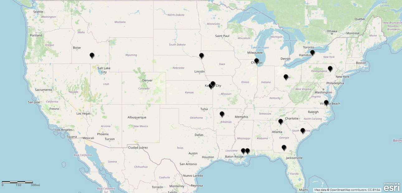 A map of the United States of America shows 2024 (through July) FDI investments in cold storage for the Agribusiness sector occurred in southern Idaho, at the South Dakota-Iowa border, at the Kansas-Missouri border, in Arkansas, two on the Louisiana-Mississippi border, two in Georgia, in South Carolina, in Illinois, in Ohio, in New York, in Pennsylvania, and in Virginia. Source: Esri