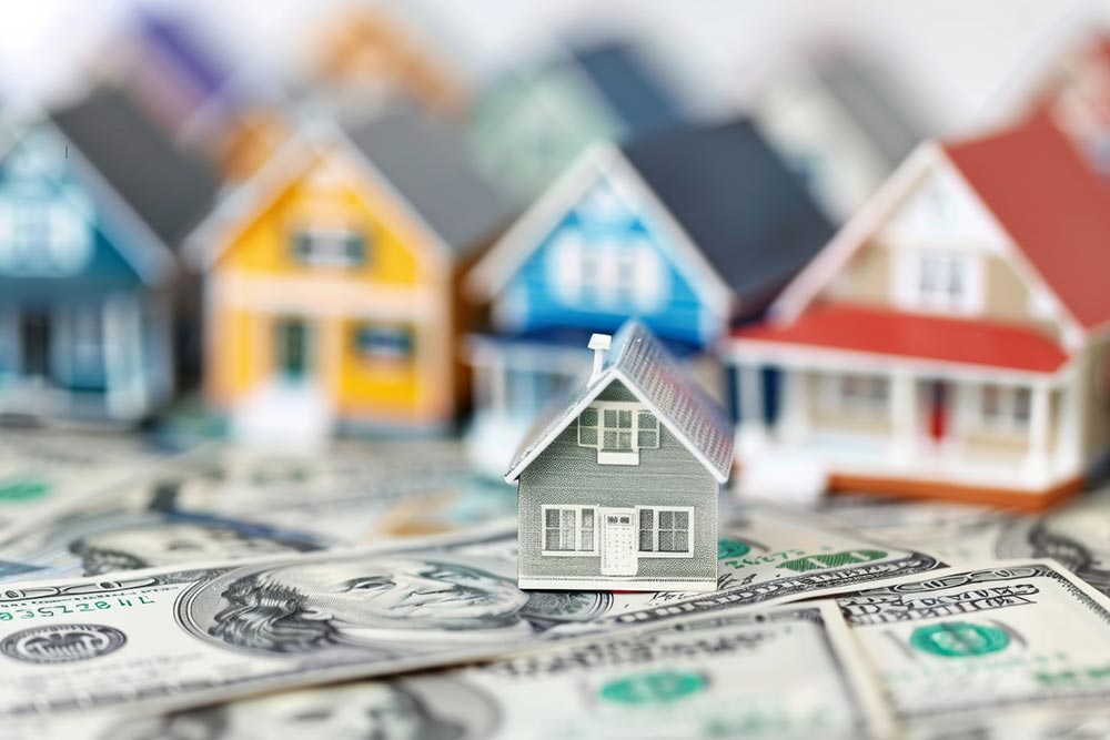 Affordable housing, or rather the lack of it, is illustrated by several small homes sitting on a pile of money