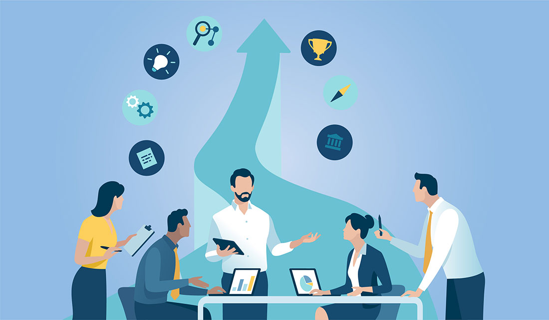 An illustration of people sitting and standing around a table discussing business attraction strategy and market intelligence with a rising arrow behind them representing growth and success,