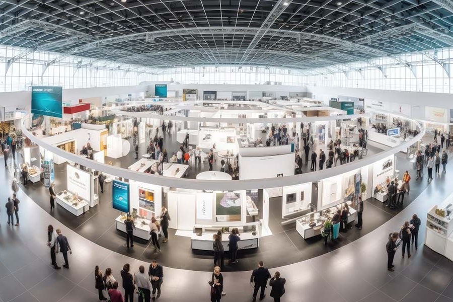 A view of a busy trade show floor inside a large event facility shows dozens of booths and displays and lots of people walking around