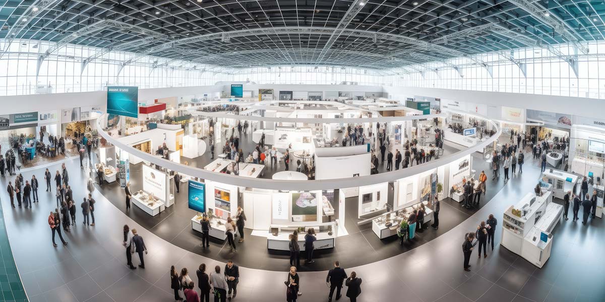 A view of a busy trade show floor inside a large event facility shows dozens of booths and displays and lots of people walking around