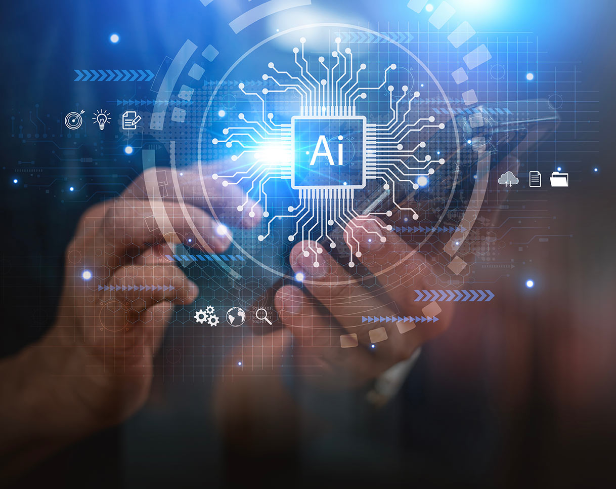 A pair of hands holds smart phone with icons representing AI, downloading files to the cloud, writing notes, file searches, lead generation, and documents float over the top