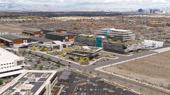 An artist's rendering of the proposed Nevada Studios campus looking east shows a variety of buildings, including large studio hangars, office buildings, and more.