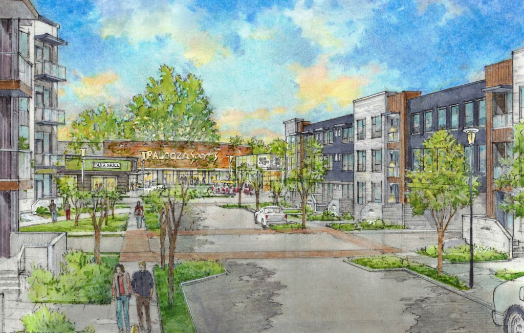 An artist's rendering of the proposed redevelopment of the RiverGate Mall shows multi-story residential buildings combined with retail businesses, wide sidewalks, trees, and landscaping. Photo Source: Merus, LLC